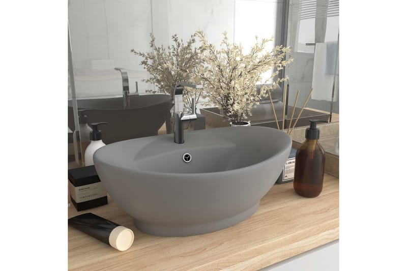 Luksuriøs Håndvask Overløb 58,5x39 cm Keramik Oval Lysegrå - Lille håndvask