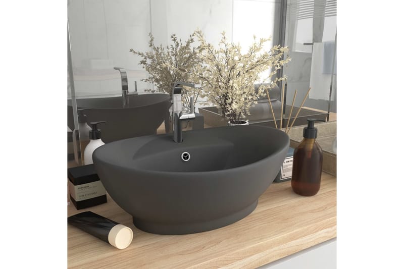 Luksuriøs Håndvask Overløb 58,5x39 cm Keramik Oval Mørkegrå - Hus & renovering - Køkken & bad - Badeværelse - Håndvaske - Lille håndvask
