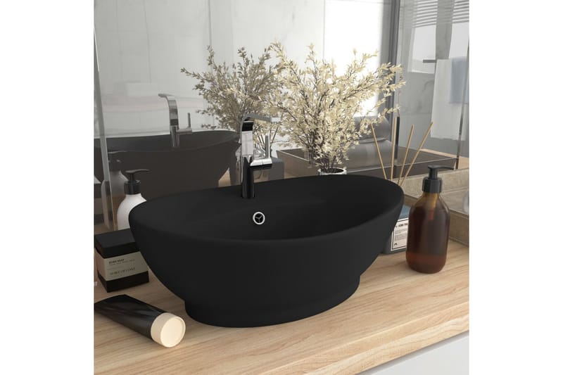 Luksuriøs Håndvask Overløb 58,5x39 cm Keramik Oval Mat Sort - Lille håndvask