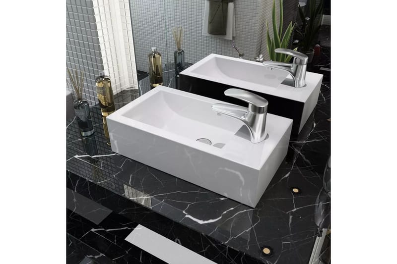 rektangulær håndvask, hul til vandhane keramik 46x25,5x12 cm - Hvid - Lille håndvask