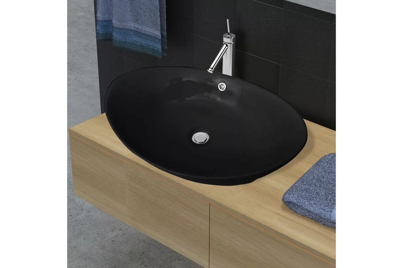 Sort Luksus Keramisk Basin Oval med overløb 59 x 38,5 cm - Sort - Hus & renovering - Køkken & bad - Badeværelse - Håndvaske - Lille håndvask