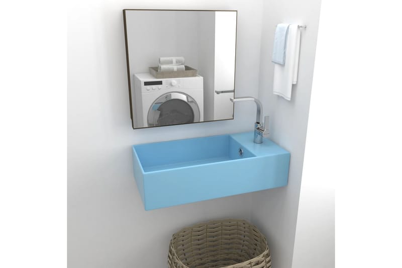 Væghængt Håndvask Med Overløb Til Badeværelse Keramik Blå - Lille håndvask