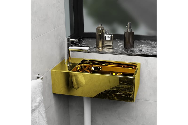 håndvask med overløb 49 x 25 x 15 cm keramik guldfarvet - Guld - Lille håndvask