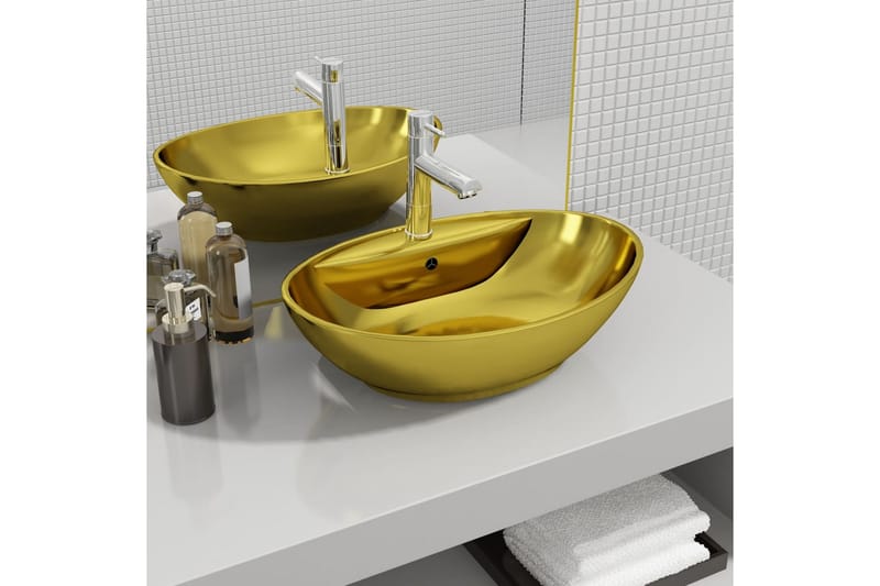 håndvask med overløb 58,5 x 39 x 21 cm keramik guldfarvet - Guld - Lille håndvask