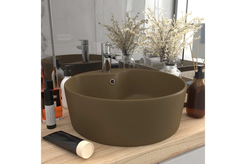 Luksuriøs Håndvask Med Overløb 36x13 cm Keramik Cremefarvet - Lille håndvask