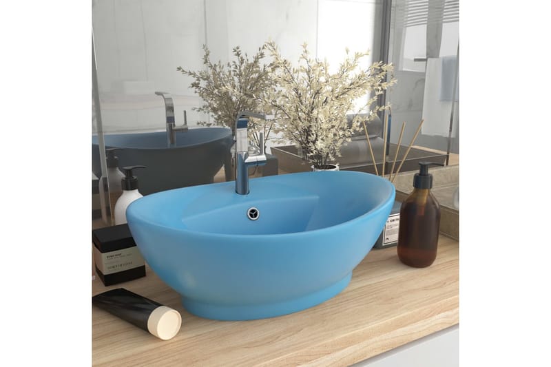 Luksuriøs Håndvask Overløb 58,5x39 cm Keramik Oval Lyseblå - Lille håndvask