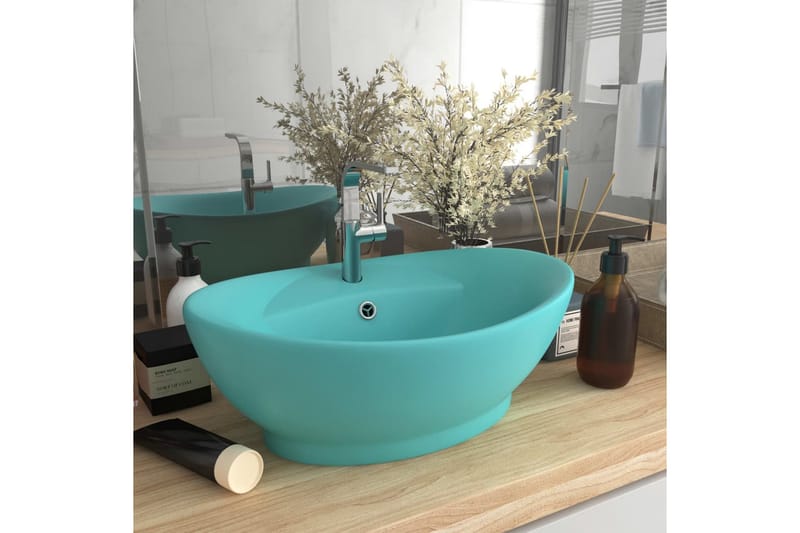 Luksuriøs Håndvask Overløb 58,5x39 cm Keramik Oval Lysegrøn - Lille håndvask