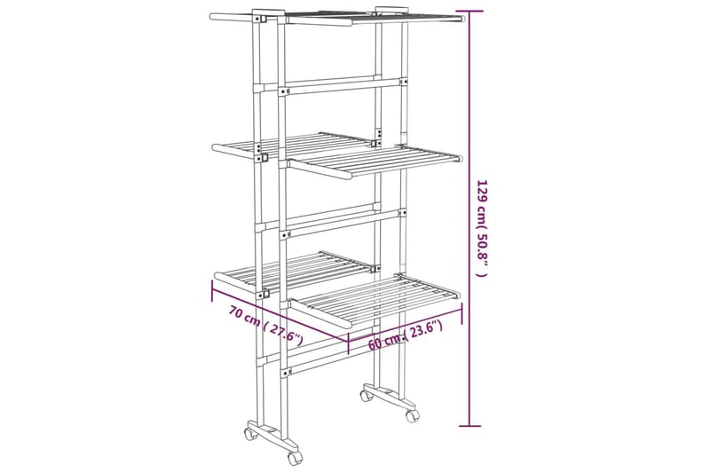 beBasic tørrestativ 3 niveauer med hjul 60x70x166 cm sølvfarvet - SÃ¸lv - Have - Udendørs miljø