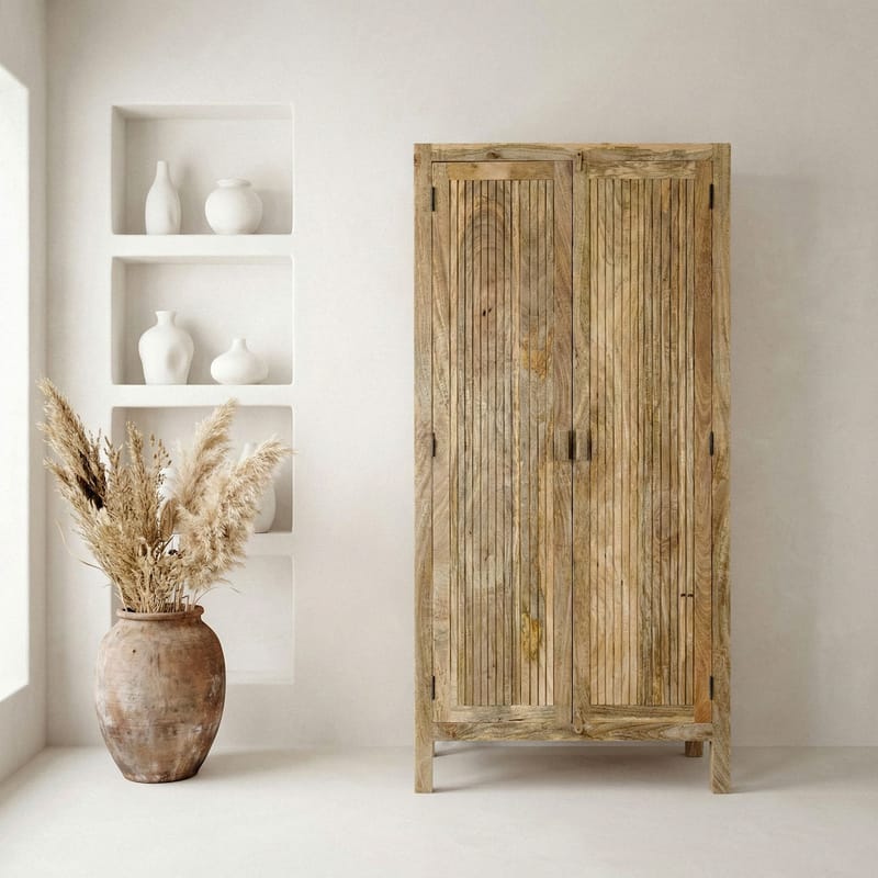 Livira opbevaringsskab 90x187 cm ribbedesign landlig stil - naturbrun - Hus & renovering - Køkken & bad - Køkken & bryggers