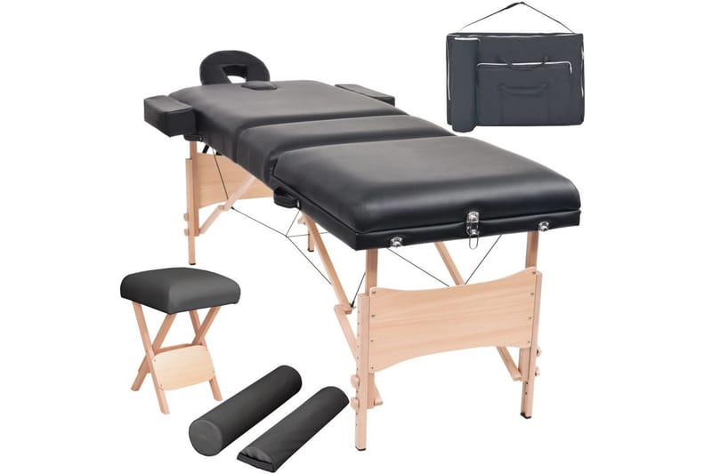 foldbart 3-zoners massagebord- og skammelsæt 10 cm tykt sort - Sort - Massagebord