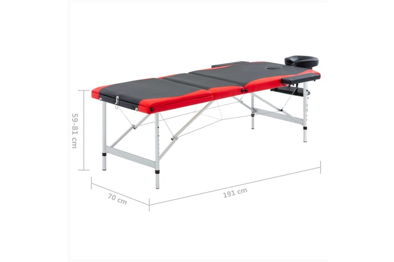 foldbart massagebord 3 zoner aluminium sort og rød - Sort - Massagebord