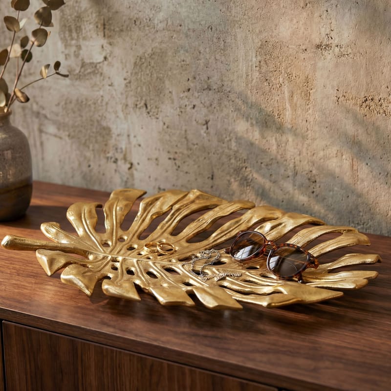 Ivora dekorationsskål Monstera i aluminium - guld - Husholdning - Servering & opdækning - Bakker & fade