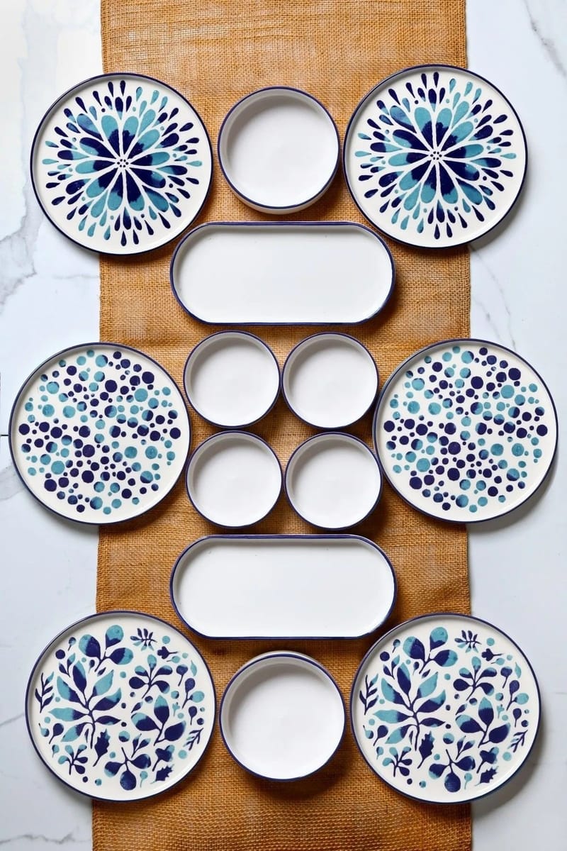 Morgenmadssæt (14 dele) Opviq Cleo Shelf (32 x 29 x 30 cm) Blå Hvid - blå og hvid - Husholdning - Servering & opdækning - Bakker & fade