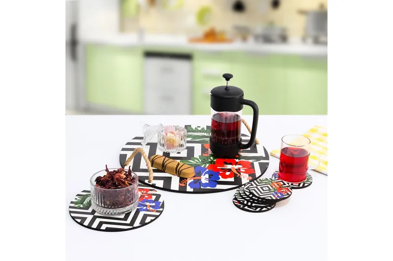 Træbakke & bordskånere 8 stk - Flerfarvet - Husholdning - Servering & opdækning - Bakker & fade - Serveringsbakker