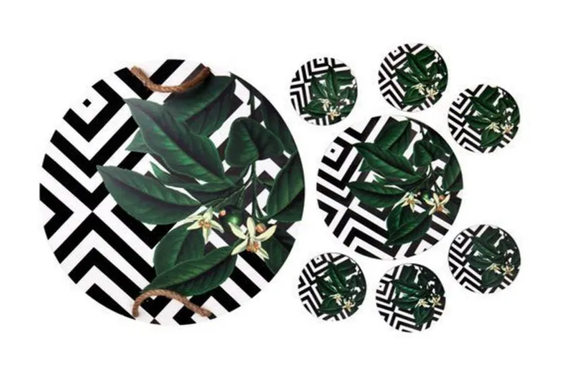 Træbakke & Glasbrikker 8 stk, Flerfarvet