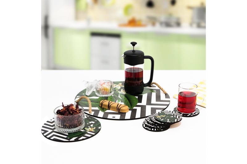 Træbakke & Glasbrikker 8 stk - Flerfarvet - Husholdning - Servering & opdækning - Bakker & fade - Serveringsbakker