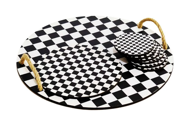 Træbakke & Glasbrikker 8 stk, Sort/Hvid