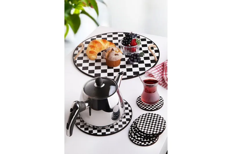 Træbakke & Glasbrikker 8 stk - Sort/Hvid - Husholdning - Servering & opdækning - Bakker & fade - Serveringsbakker