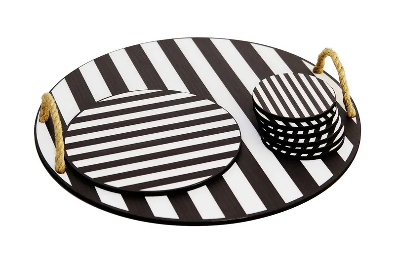 Træbakke & Glasbrikker 8 stk, Sort/Hvid