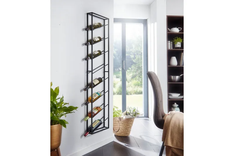 Vinstativ Wohnling vægmonteret, plads til 8 flasker, pulverlakeret metal, industriel loftstil Sort - Sort - Husholdning - Servering & opdækning - Kander og karafler - Glasflaske