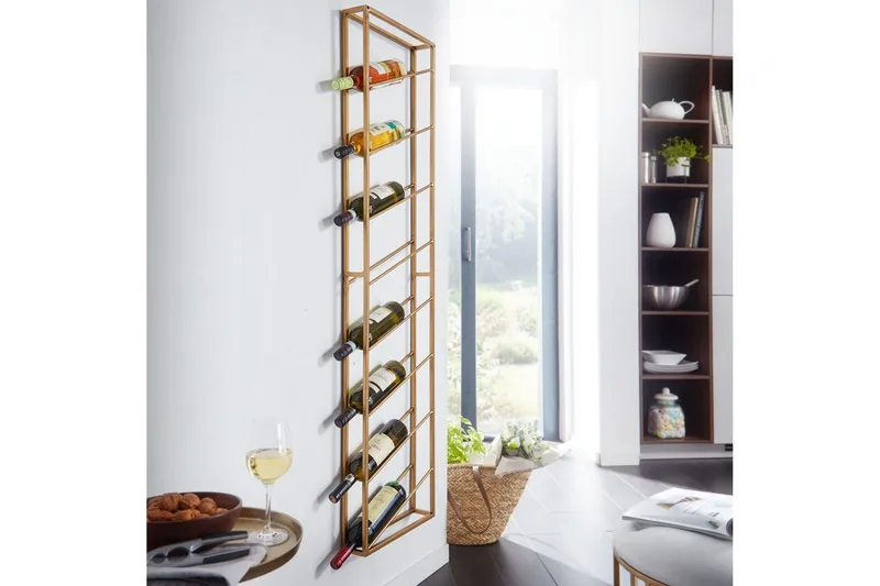 Vinstativ Wohnling vægmonteret, plads til 8 flasker, pulverlakeret metal, industriel loftstil Guld - Guld - Opbevaring - Hylder & Reoler - Opbevaringshylde - Vinstativ & vinhylde