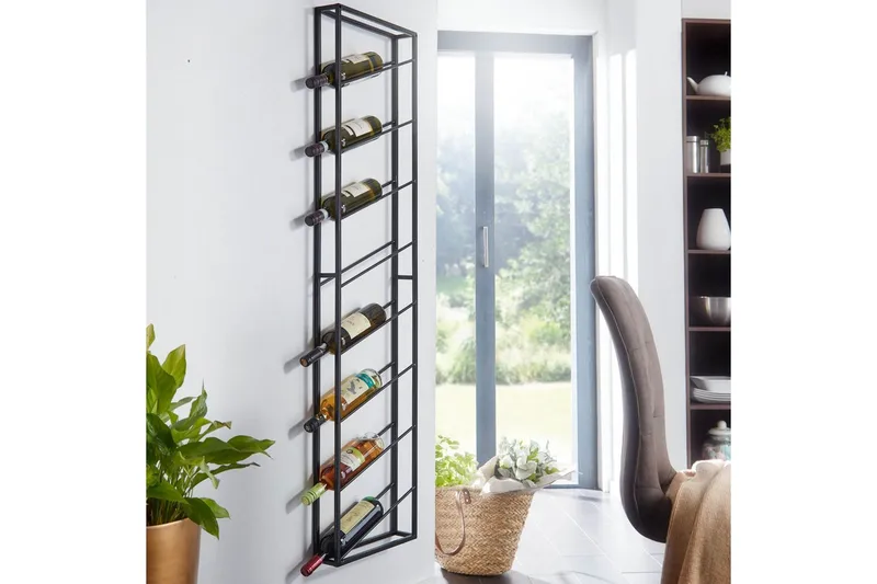 Vinstativ Wohnling vægmonteret, plads til 8 flasker, pulverlakeret metal, industriel loftstil Sort - Sort - Husholdning - Servering & opdækning - Kander og karafler - Glasflaske
