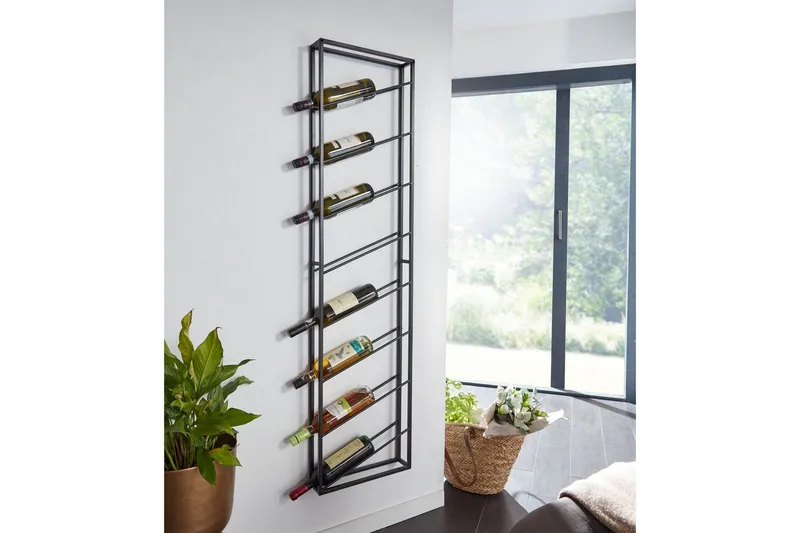 Vinstativ Wohnling vægmonteret, plads til 8 flasker, pulverlakeret metal, industriel loftstil Sort - Sort - Husholdning - Servering & opdækning - Kander og karafler - Glasflaske