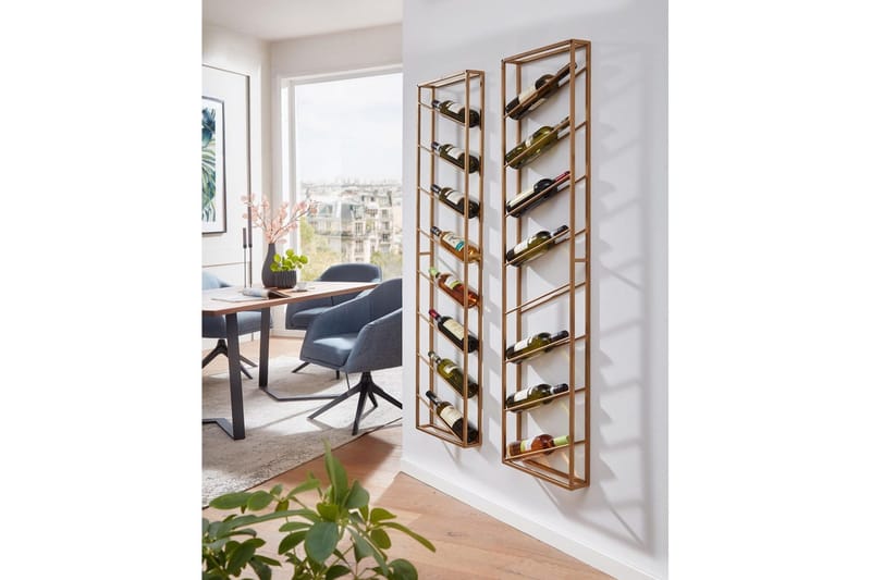 Vinstativ Wohnling vægmonteret, plads til 8 flasker, pulverlakeret metal, industriel loftstil Guld - Guld - Opbevaring - Hylder & Reoler - Opbevaringshylde - Vinstativ & vinhylde