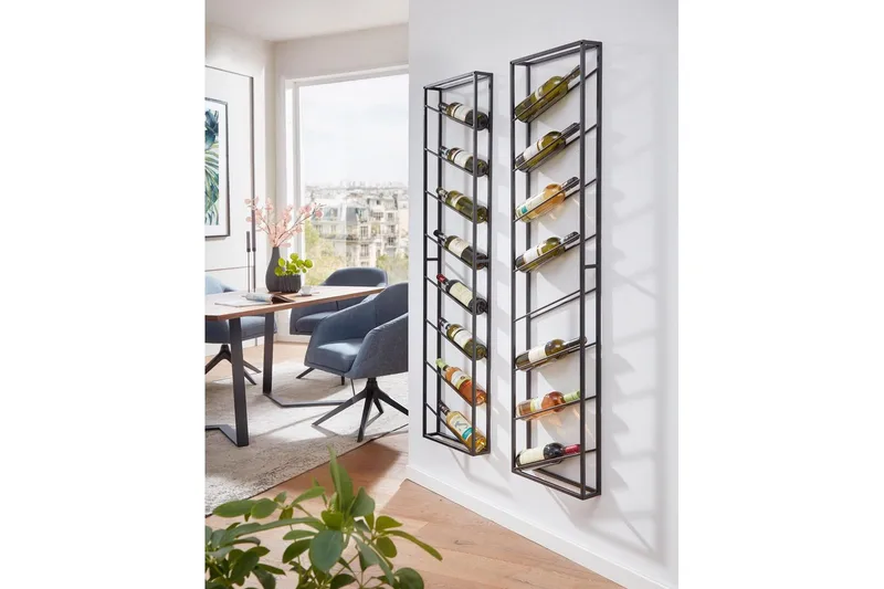 Vinstativ Wohnling vægmonteret, plads til 8 flasker, pulverlakeret metal, industriel loftstil Sort - Sort - Husholdning - Servering & opdækning - Kander og karafler - Glasflaske