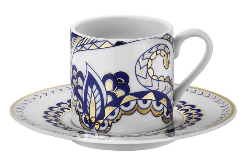 Adine Porcelæn Kaffeservice 12 Dele Porcelæn - Hvid/Guld/Blå - Kaffekopper - Porcelæn - Kopper
