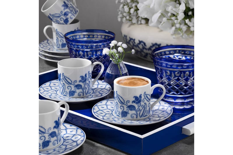 Adine Porcelæn Kaffeservice 12 Dele Porcelæn - Hvid/Mørkeblå - Kaffekopper - Kopper - Porcelæn