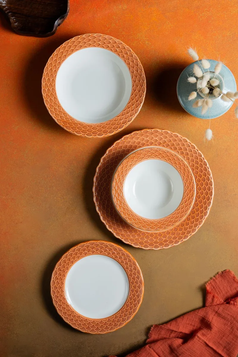 Spisestel (24 dele) Opviq Orila Costa 24 (32 x 36 x 41 cm) Hvid orange - hvid og orange - Husholdning - Servering & opdækning - Porcelæn