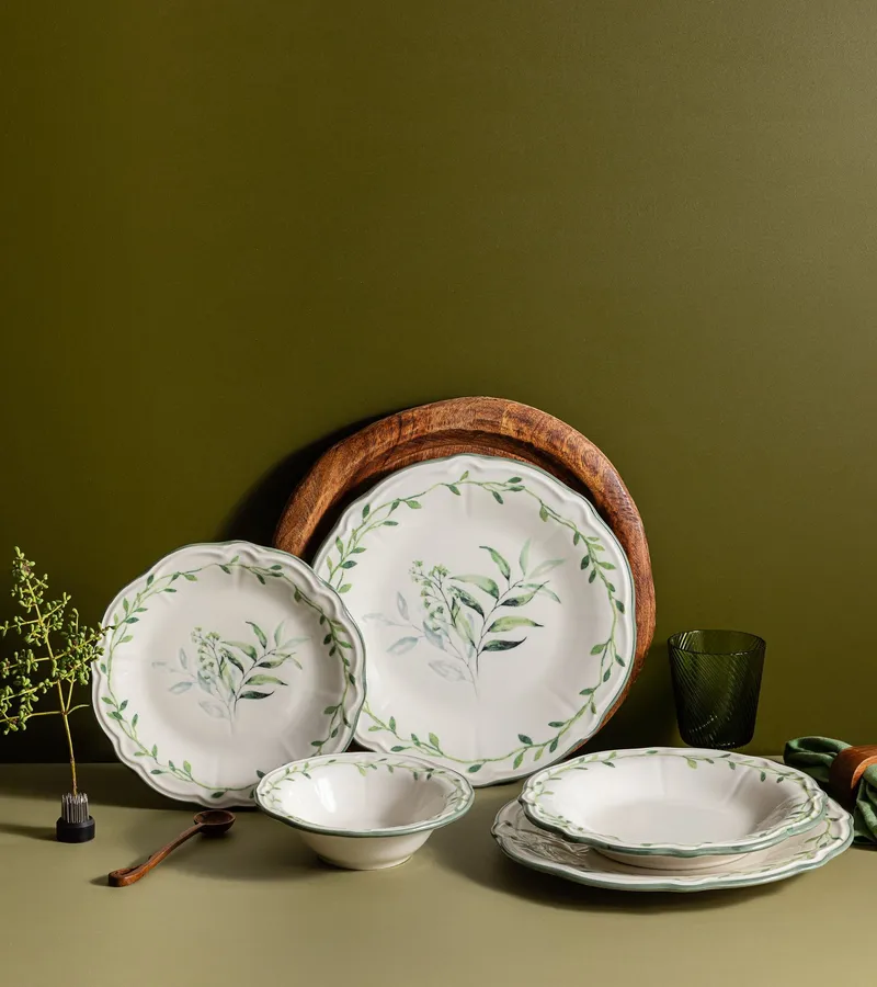 Spisestel (24 dele) Opviq Olivessa Fulya 24 (32 x 36 x 41 cm) Hvid Grøn - Hvid og grøn - Husholdning - Servering & opdækning - Porcelæn