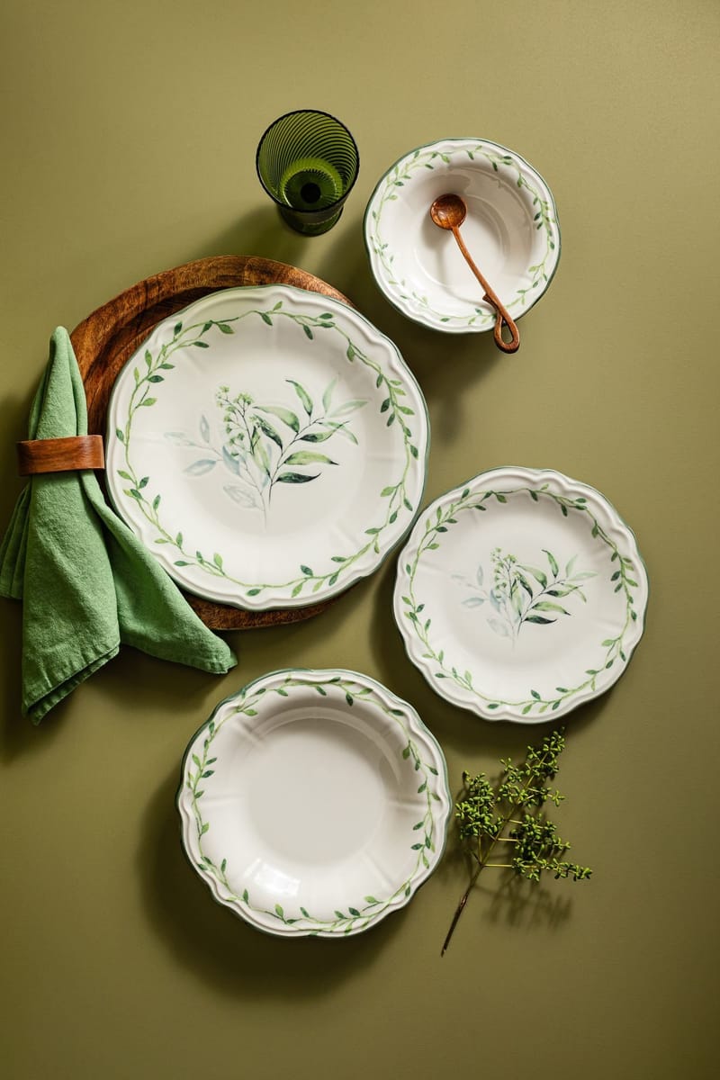 Spisestel (24 dele) Opviq Olivessa Fulya 24 (32 x 36 x 41 cm) Hvid Grøn - Hvid og grøn - Husholdning - Servering & opdækning - Porcelæn