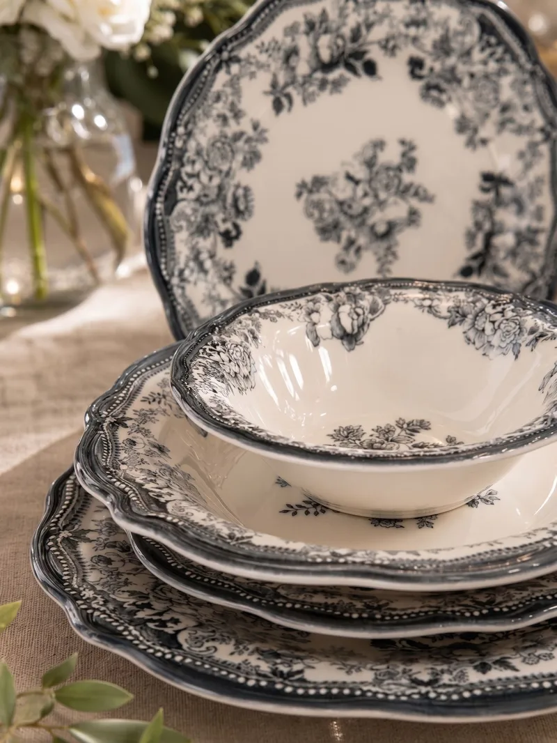 Spisestel (24 dele) Opviq Velour Antracit Fulya 24 (32 x 36 x 41 cm) Hvid Antracit - Hvid og antracit - Husholdning - Servering & opdækning - Porcelæn