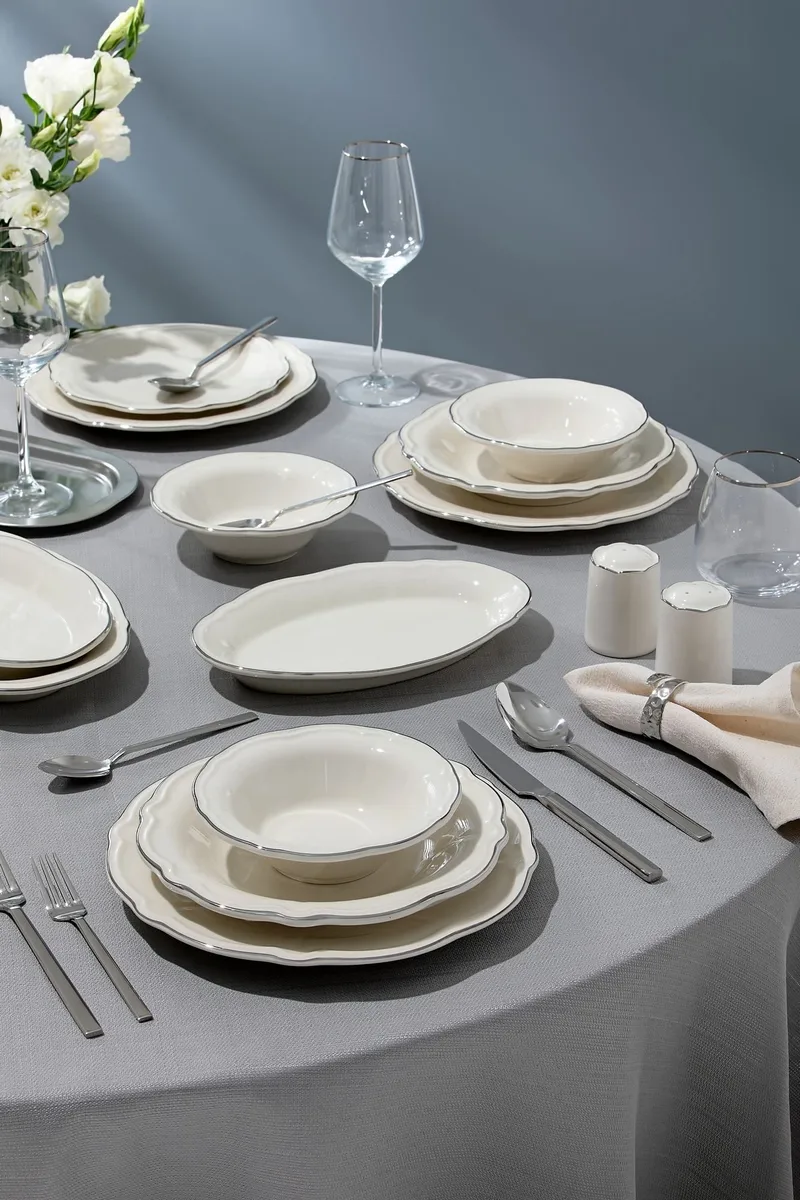 Spisestel (53 dele) Opviq Platin Yaldiz Fulya 53 (53 x 33 x 36 cm) Hvid sølv - Hvid og sølv - Husholdning - Servering & opdækning - Porcelæn