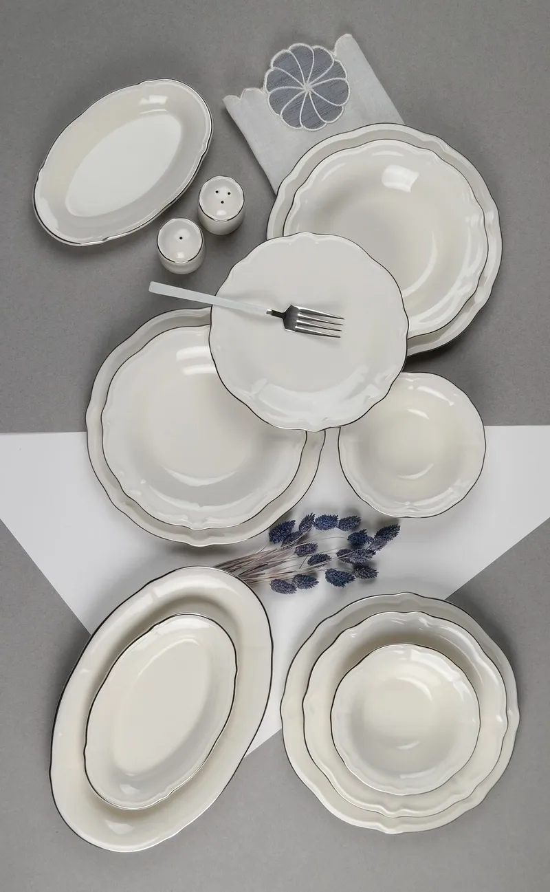 Spisestel (53 dele) Opviq Platin Yaldiz Fulya 53 (53 x 33 x 36 cm) Hvid sølv - Hvid og sølv - Husholdning - Servering & opdækning - Porcelæn
