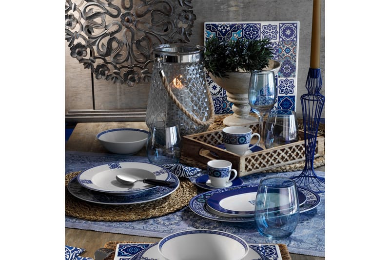 Adine Porcelæn Middagsservice 24 Dele Porcelæn - Hvid/Blå - Husholdning - Servering & opdækning - Tallerkener