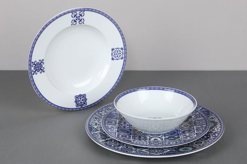Adine Porcelæn Middagsservice 24 Dele Porcelæn - Hvid/Blå - Husholdning - Servering & opdækning - Tallerkener
