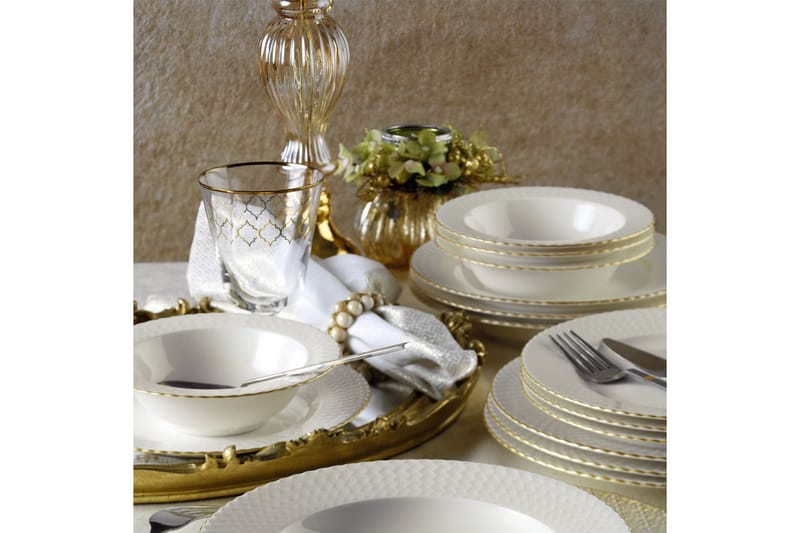 Adine Porcelæn Middagsservice 24 Dele Porcelæn - Hvid/Guld - Husholdning - Servering & opdækning - Tallerkener