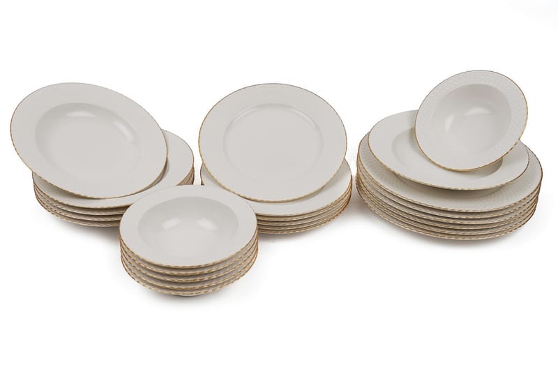 Adine Porcelæn Middagsservice 24 Dele Porcelæn - Hvid/Guld - Husholdning - Servering & opdækning - Tallerkener