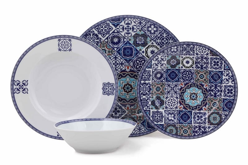 Adine Porcelæn Middagsservice 24 Dele Porcelæn - Hvid/Blå - Husholdning - Servering & opdækning - Tallerkener