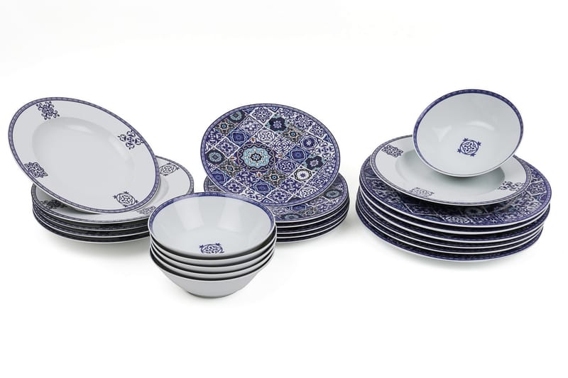 Adine Porcelæn Middagsservice 24 Dele Porcelæn - Hvid/Blå - Husholdning - Servering & opdækning - Tallerkener