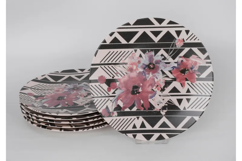 Tallerkensæt 6 stk, Hvid/Sort/Lilla