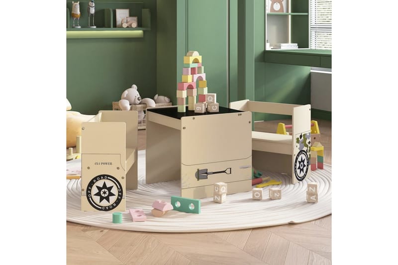 bord- og stolesæt til børn 3 dele offroad bil-design MDF - Beige - Møbler - Børnemøbler - Børneborde