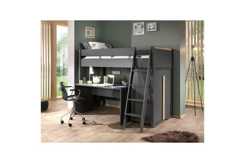 Garderobe med Halvhøj seng Skrivebord London Antracit - Antracit - Møbler - Børnemøbler - Børneseng & juniorseng - Køjeseng børn