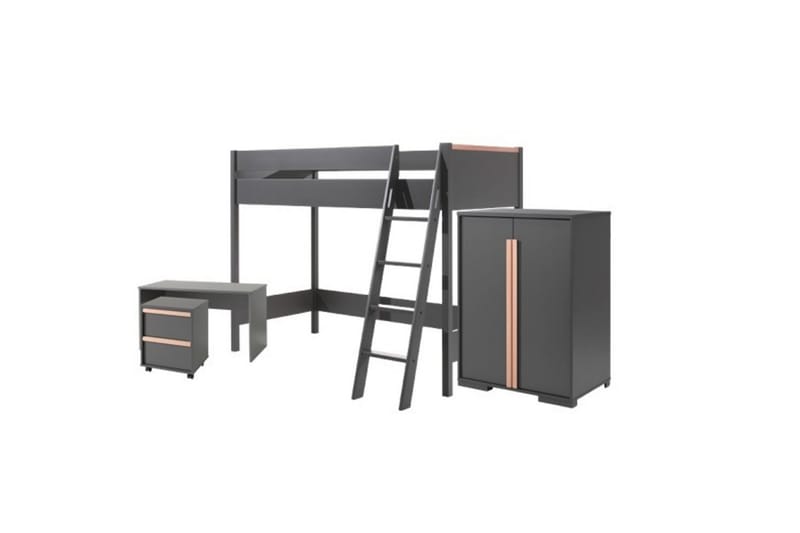 Garderobe med Halvhøj seng Skrivebord Trolley London Antracit - Antracit - Møbler - Børnemøbler - Børneseng & juniorseng - Køjeseng børn