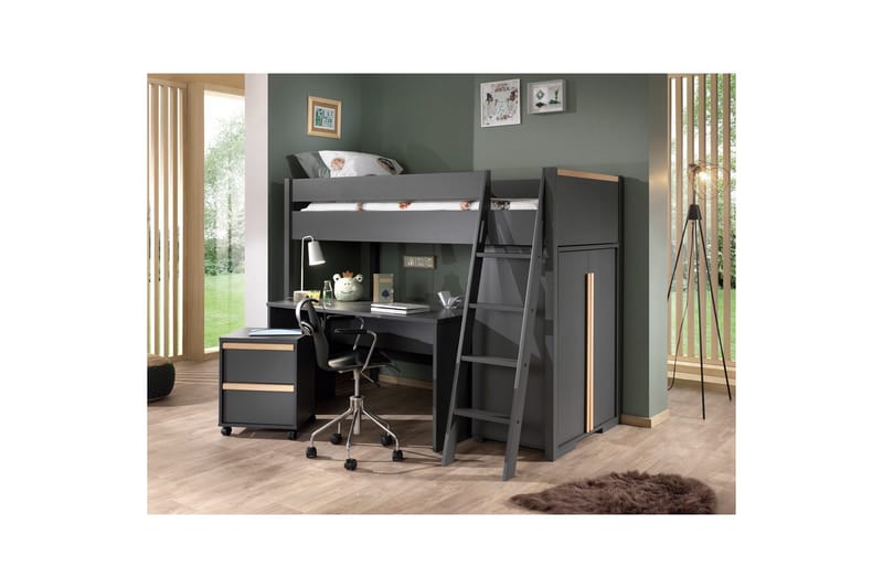 Garderobe med Halvhøj seng Skrivebord Trolley London Antracit - Antracit - Møbler - Børnemøbler - Børneseng & juniorseng - Køjeseng børn
