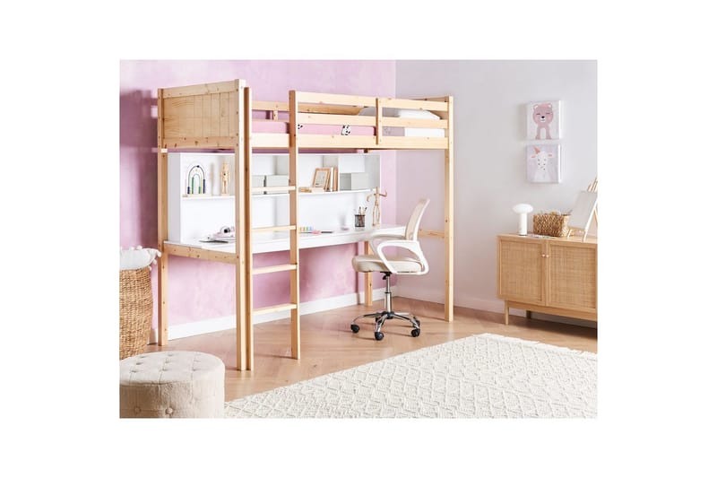 Højseng med skrivebord Foucamont - Lys træ, hvid - Møbler - Børnemøbler - Børneseng & juniorseng - Højseng børn