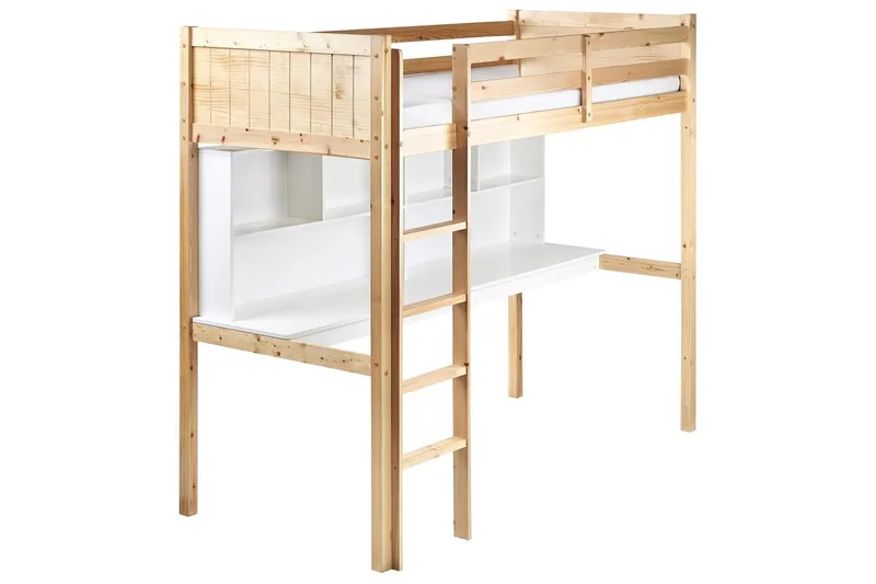 Højseng med skrivebord Foucamont, Lys træ, hvid